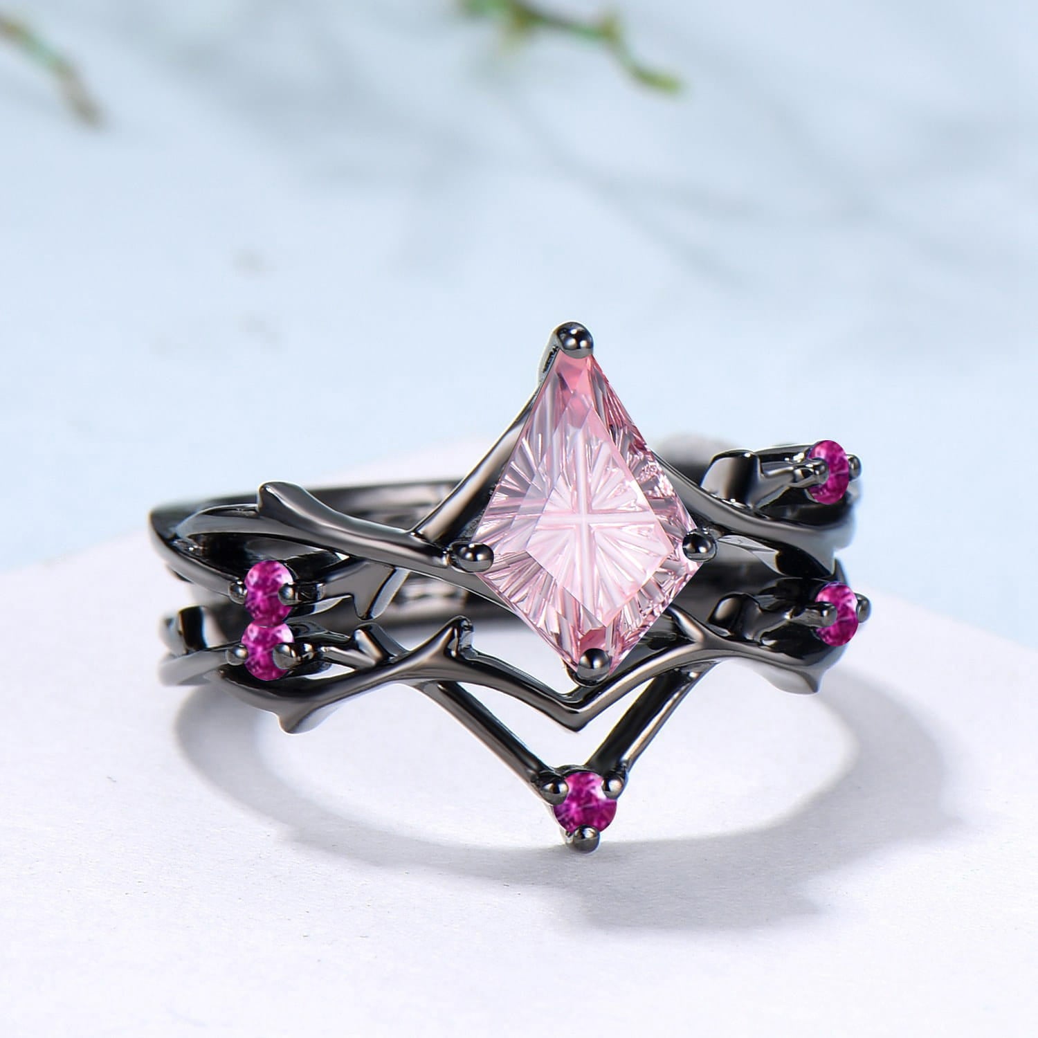 Art Deco Kite Starburst Cut Padparadscha Engagement Ring Set, Black Gold Cluster Pink Touramaline Bridal Wedding Set Branch Leaf Vine Jewelry