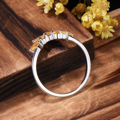 Vintage Yellow Citrine Wedding Ring, Five Stone Curved Stacking Band, 14K Rose Gold Anniversary Gift Women November Birthday Gift for Mom