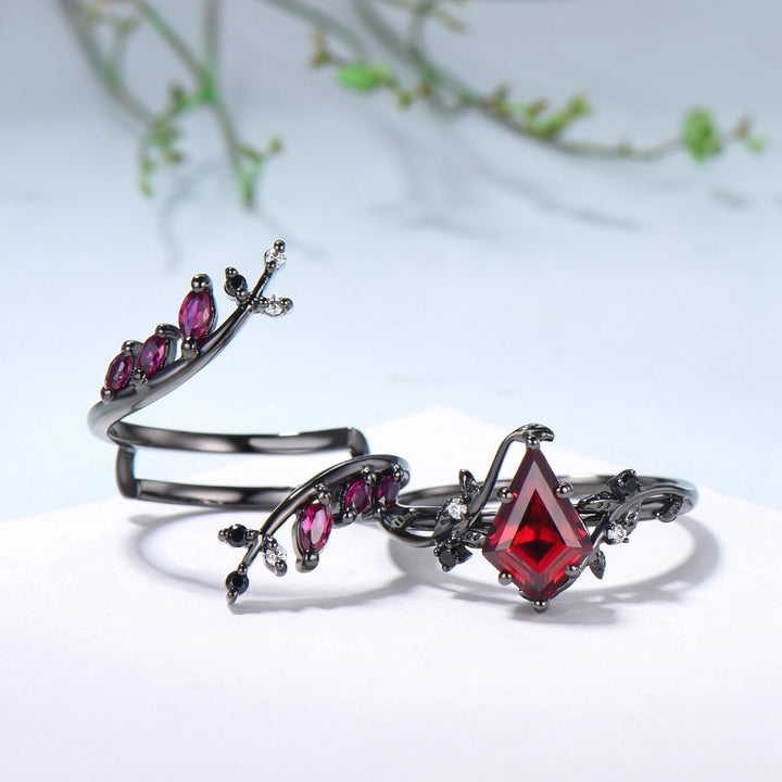Unique gothic kite cut ruby engagement ring set black gold cluster engagement ring leaf branch nature inspired marquise ruby wedding set - PENFINE