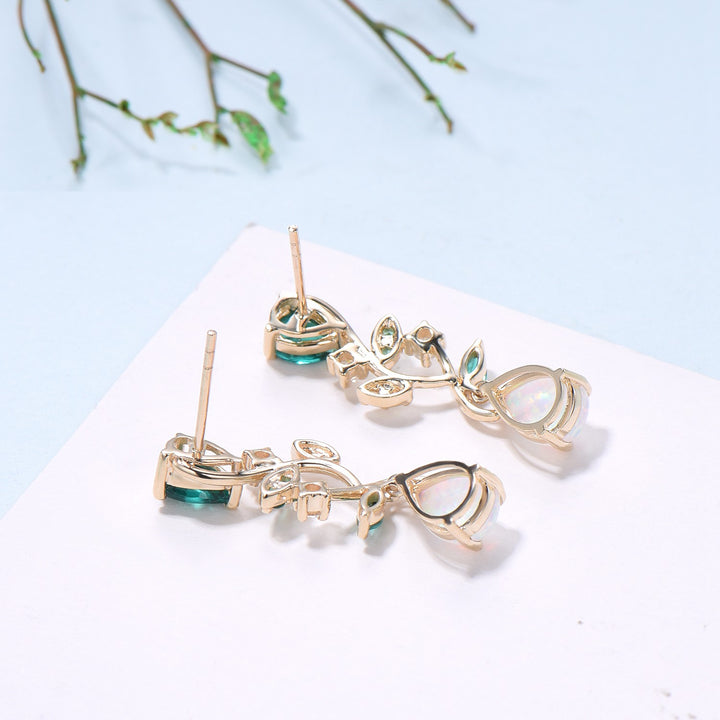 Nature Inspired Pear Shaped White Opal Earrings Emerald Fire Opal Leaf Stud Earrings Silver Earrings Handmade Anniversary Promise Gift - PENFINE