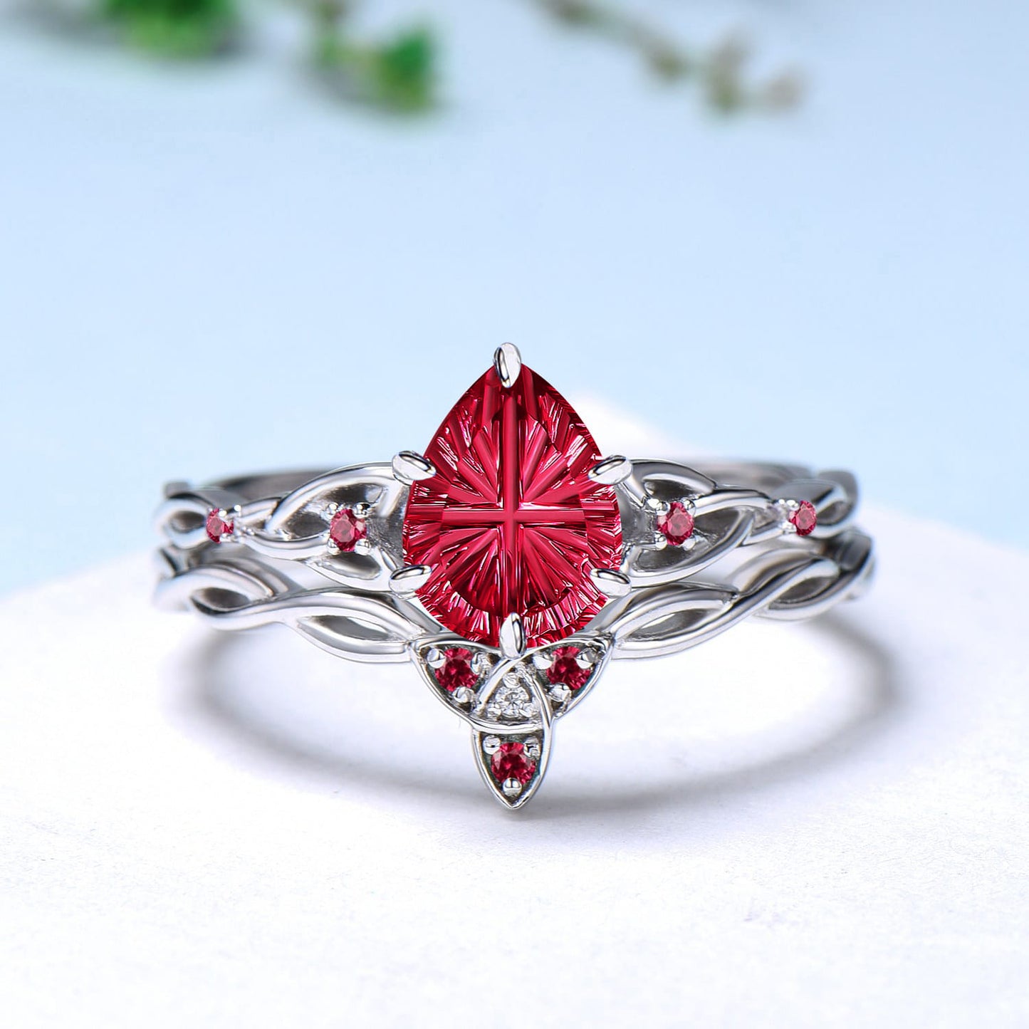 Fantasy Cut Pear Shaped Ruby Norse Viking Engagement Ring Set