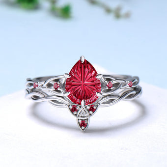 Fantasy Cut Pear Shaped Ruby Norse Viking Engagement Ring Set