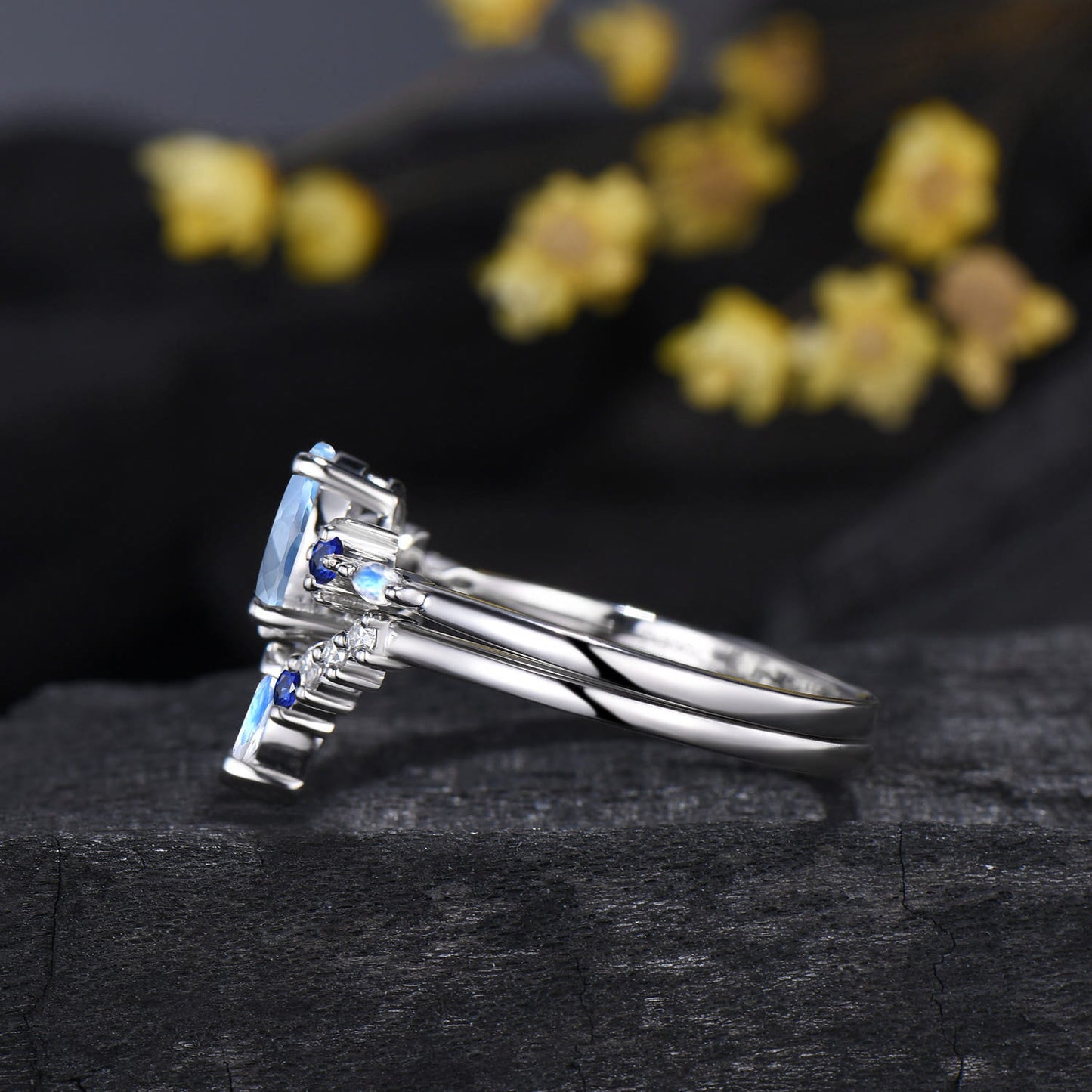 Oval Cut Natural Aquamarine Moon Celestial Ring Set Sapphire Moonstone White Gold Matching Band