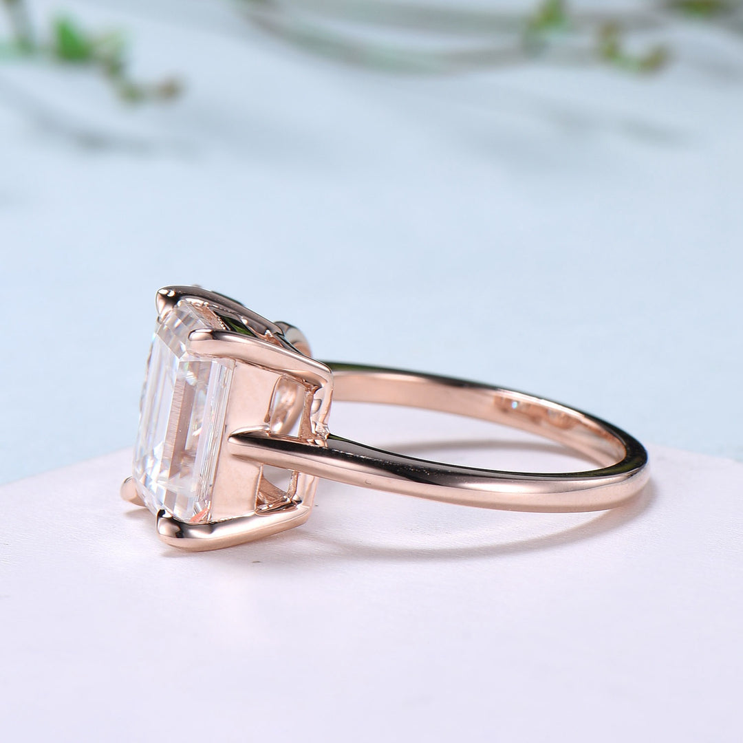 Two stone moissanite engagement ring 14k rose gold emerald round moisaanite plain rose gold wedding ring minimalist anniversary bridal gifts - PENFINE
