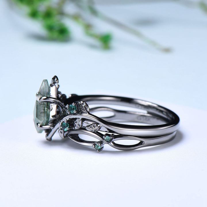 Unique black gold moss agate ring set Nature Inspired kite cut green agate engagement ring cluster emerald eye wedding ring set for women - PENFINE