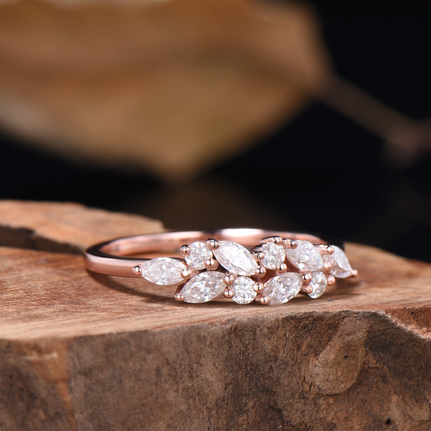Vintage Moissanite Wedding Ring Art Deco 14k Solid Rose Gold Marquise Cut Moissanite Wedding Band Cluster Promise Ring - PENFINE