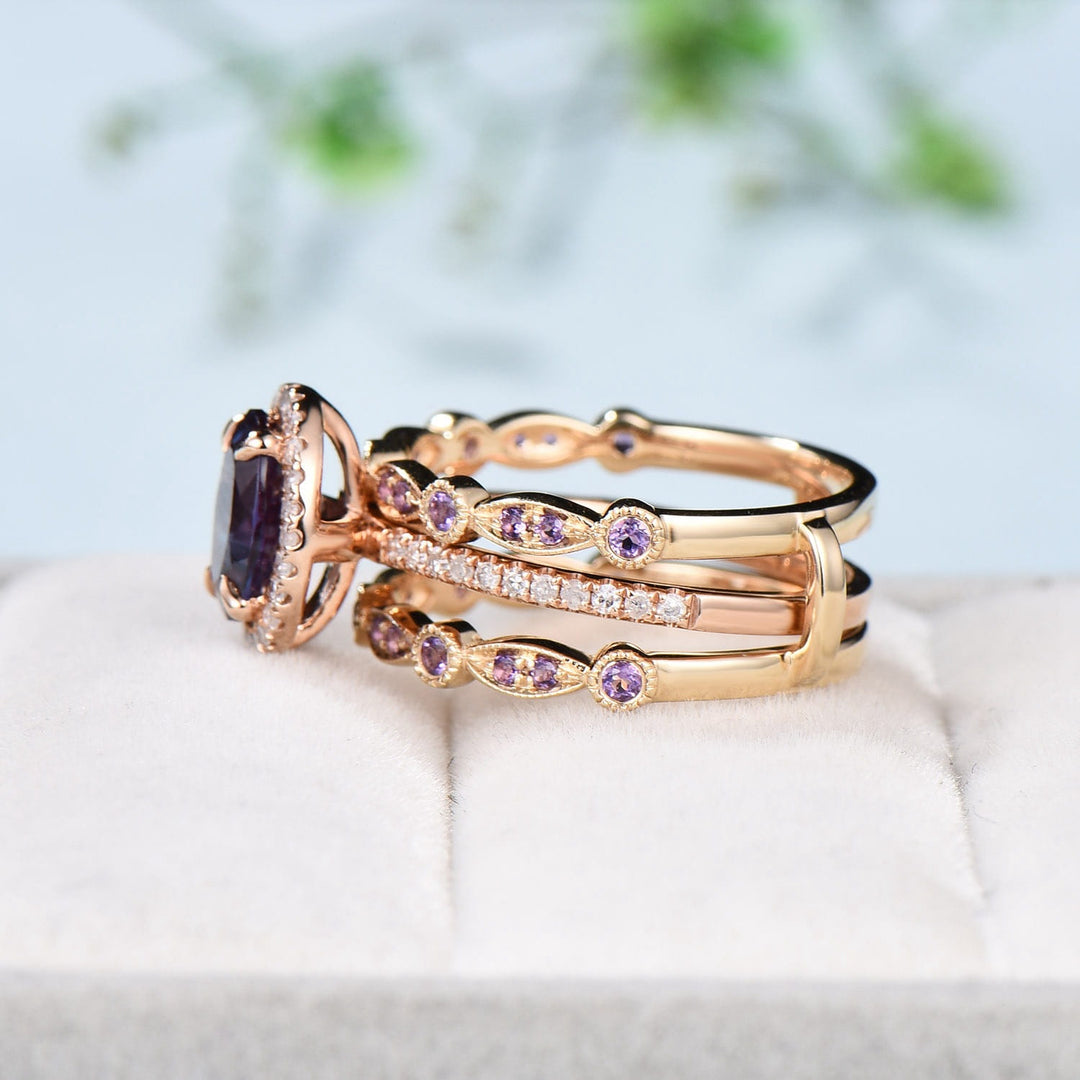 Vintage alexandrite engagement ring set Unique 14k rose gold halo diamond wedding ring set antique amethyst double stacking band bridal set - PENFINE