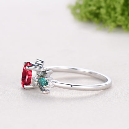 Oval Shaped Fantasy Cut Ruby Cluster Engagement Ring Green Moss Agate Emerald Accent Ring