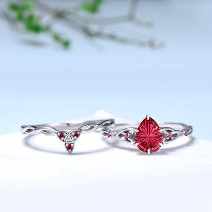 Fantasy Cut Pear Shaped Ruby Norse Viking Engagement Ring Set