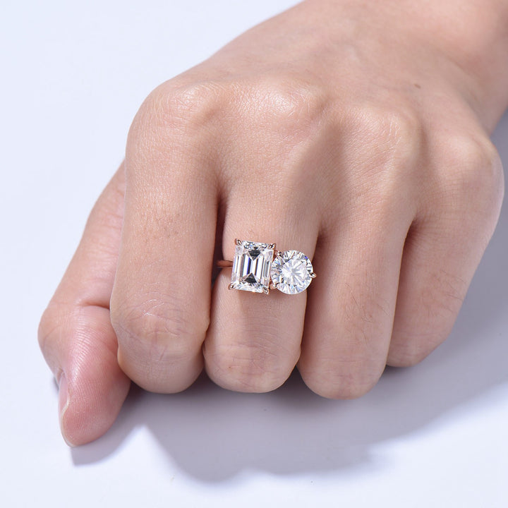 Two stone moissanite engagement ring 14k rose gold emerald round moisaanite plain rose gold wedding ring minimalist anniversary bridal gifts - PENFINE