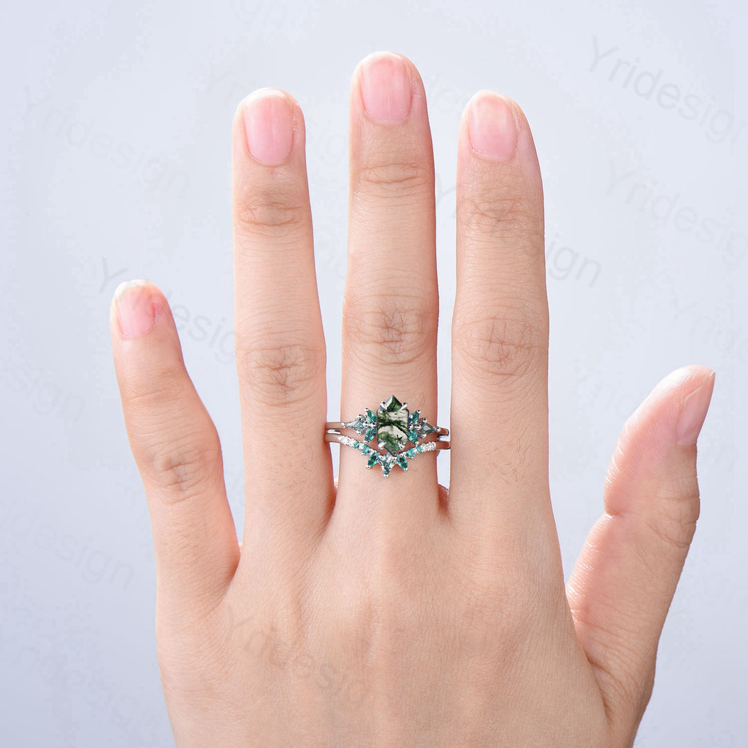 Hexagon Moss Agate Emerald Engagement Ring Set | Green Marquise & Curved Band - PENFINE