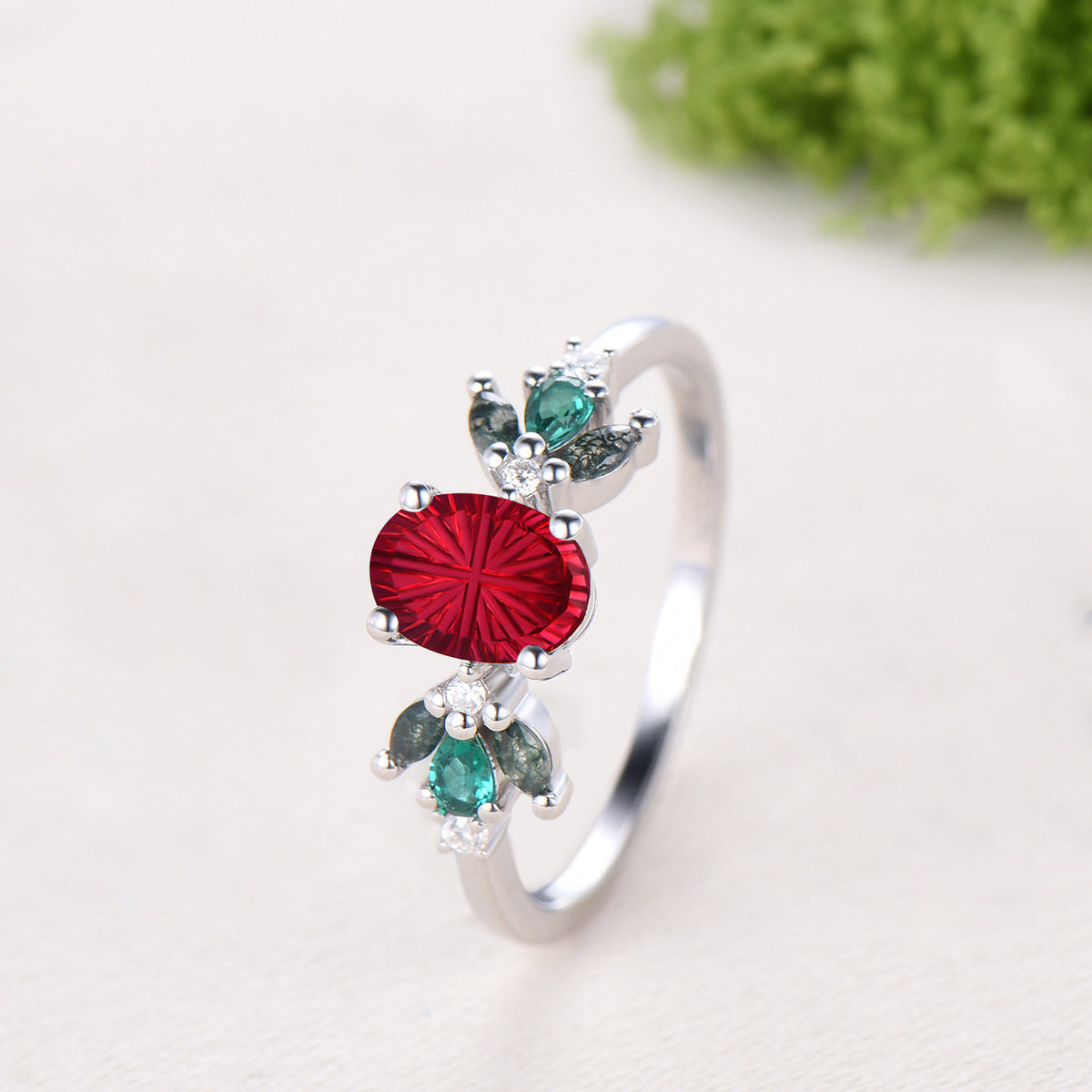 Oval Shaped Fantasy Cut Ruby Cluster Engagement Ring Green Moss Agate Emerald Accent Ring