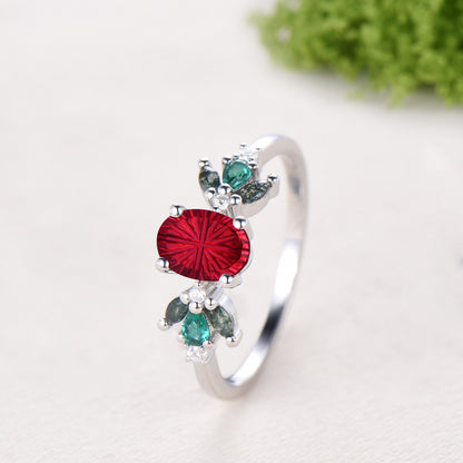 Oval Shaped Fantasy Cut Ruby Cluster Engagement Ring Green Moss Agate Emerald Accent Ring
