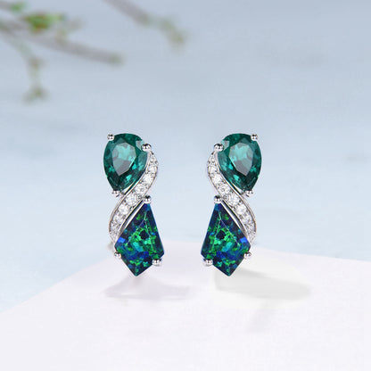 Kite Black Opal & Pear Emerald White Gold Earrings Leaf Vine Twig Moissanite Diamond Studs - PENFINE