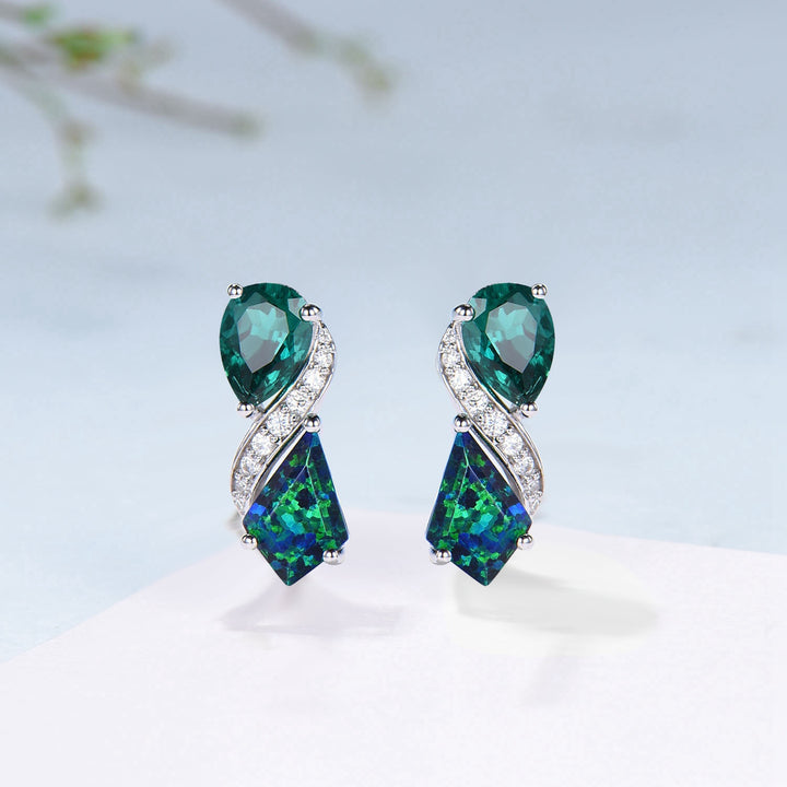 Kite Black Opal & Pear Emerald White Gold Earrings Leaf Vine Twig Moissanite Diamond Studs - PENFINE