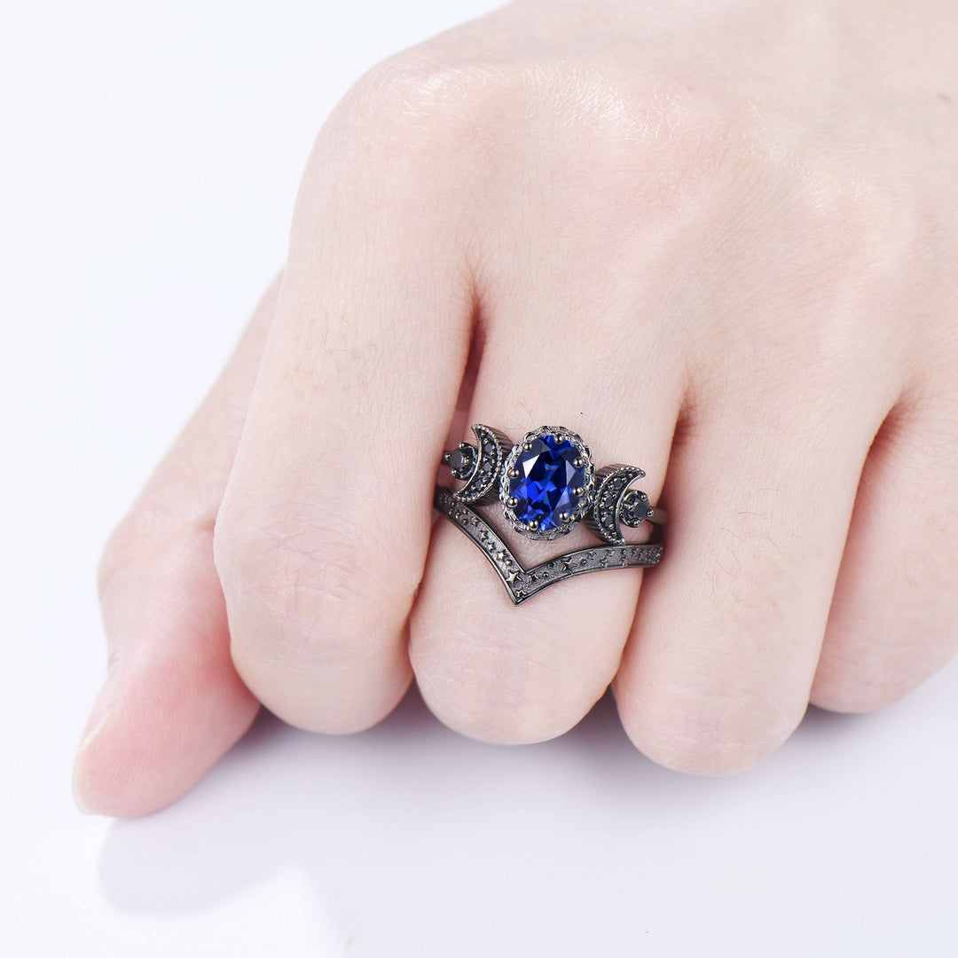Unique moon star ring Oval blue sapphire wedding ring set Black gold gothic engagement ring set crescent moon sapphire bridal set for women - PENFINE