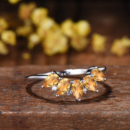 Vintage Yellow Citrine Wedding Ring, Five Stone Curved Stacking Band, 14K Rose Gold Anniversary Gift Women November Birthday Gift for Mom