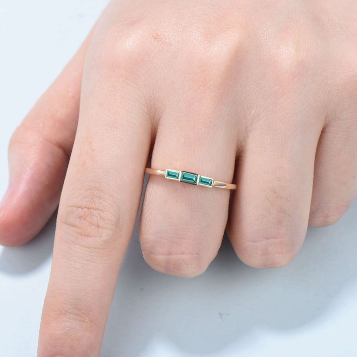 Bezel Set Baguette Emerald Wedding Ring Three Stone Green Gemstone Promise Ring Minimalist Stacking Dainty Ring Birthstone Anniversary Gift - PENFINE