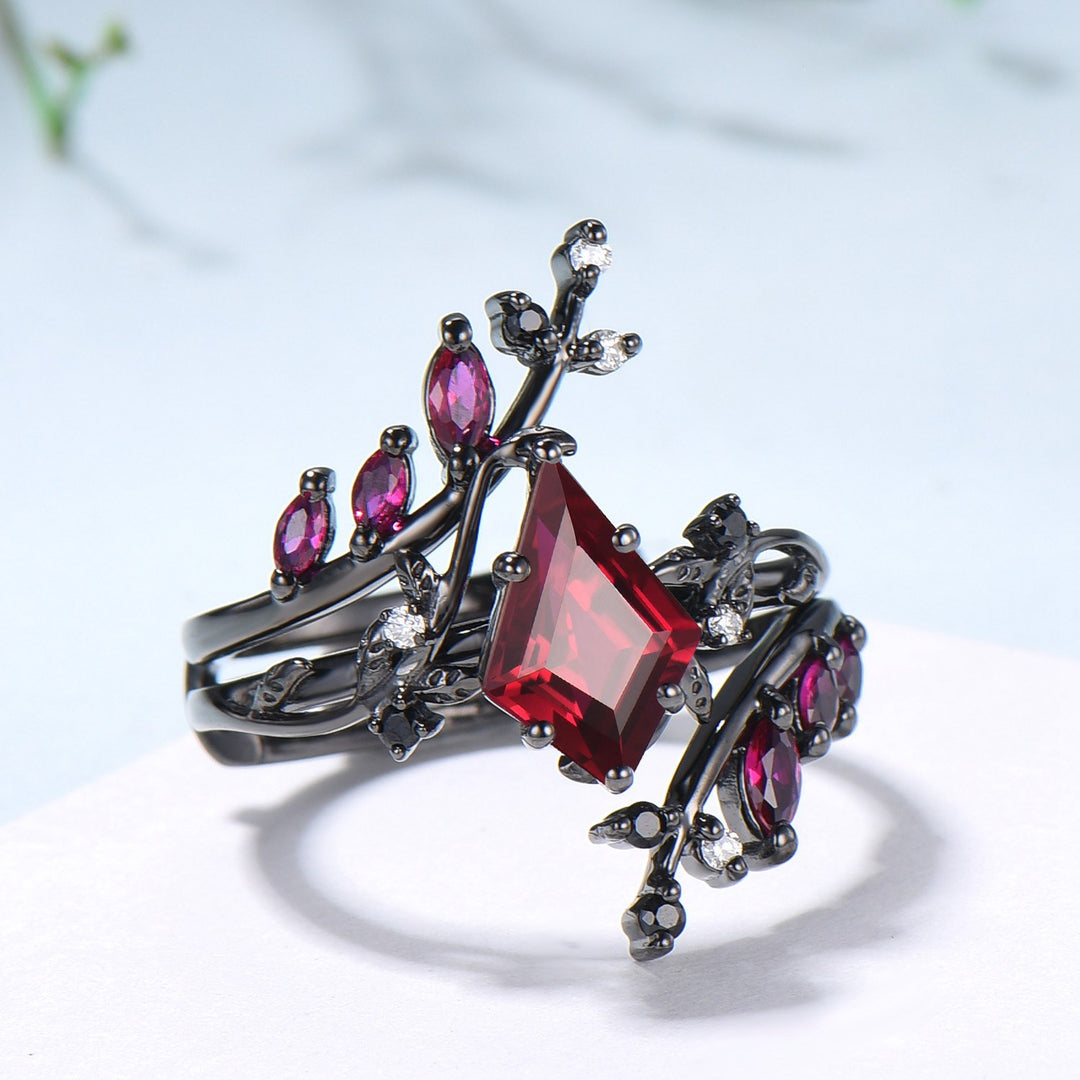 Unique gothic kite cut ruby engagement ring set black gold cluster engagement ring leaf branch nature inspired marquise ruby wedding set - PENFINE