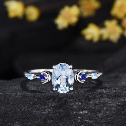 Oval Cut Natural Aquamarine Moon Celestial Ring Set Sapphire Moonstone White Gold Matching Band
