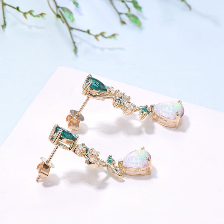 Nature Inspired Pear Shaped White Opal Earrings Emerald Fire Opal Leaf Stud Earrings Silver Earrings Handmade Anniversary Promise Gift - PENFINE