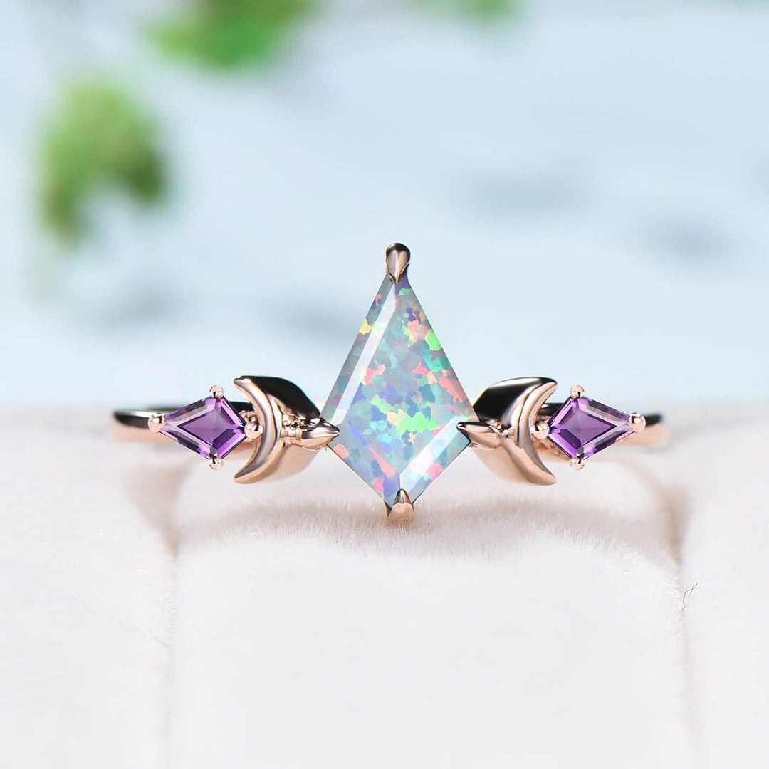 Unique moon opal and amethyst ring Vintage fire kite opal