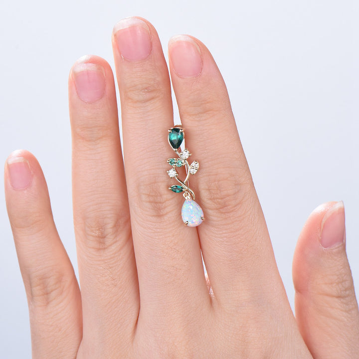 Nature Inspired Pear Shaped White Opal Earrings Emerald Fire Opal Leaf Stud Earrings Silver Earrings Handmade Anniversary Promise Gift - PENFINE