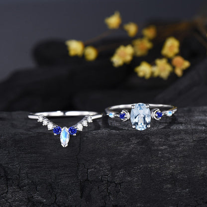 Oval Cut Natural Aquamarine Moon Celestial Ring Set Sapphire Moonstone White Gold Matching Band