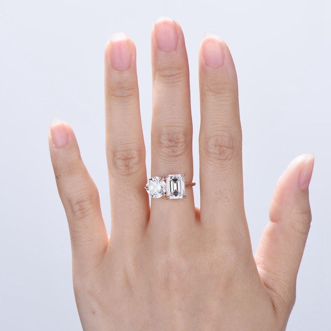 Two stone moissanite engagement ring 14k rose gold emerald round moisaanite plain rose gold wedding ring minimalist anniversary bridal gifts - PENFINE