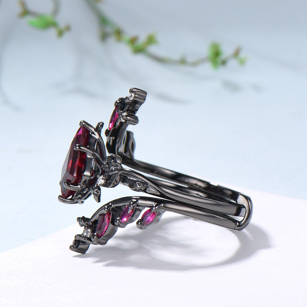 Unique gothic kite cut ruby engagement ring set black gold cluster engagement ring leaf branch nature inspired marquise ruby wedding set - PENFINE