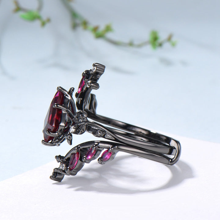 Unique gothic kite cut ruby engagement ring set black gold cluster engagement ring leaf branch nature inspired marquise ruby wedding set - PENFINE