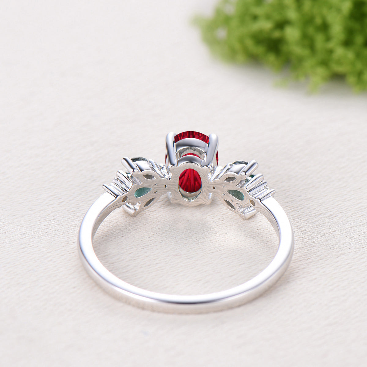 Oval Shaped Fantasy Cut Ruby Cluster Engagement Ring Green Moss Agate Emerald Accent Ring
