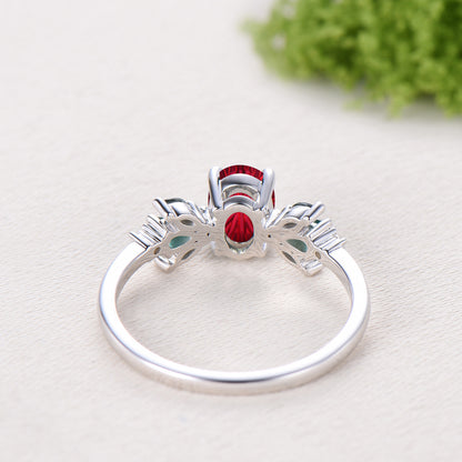 Oval Shaped Fantasy Cut Ruby Cluster Engagement Ring Green Moss Agate Emerald Accent Ring
