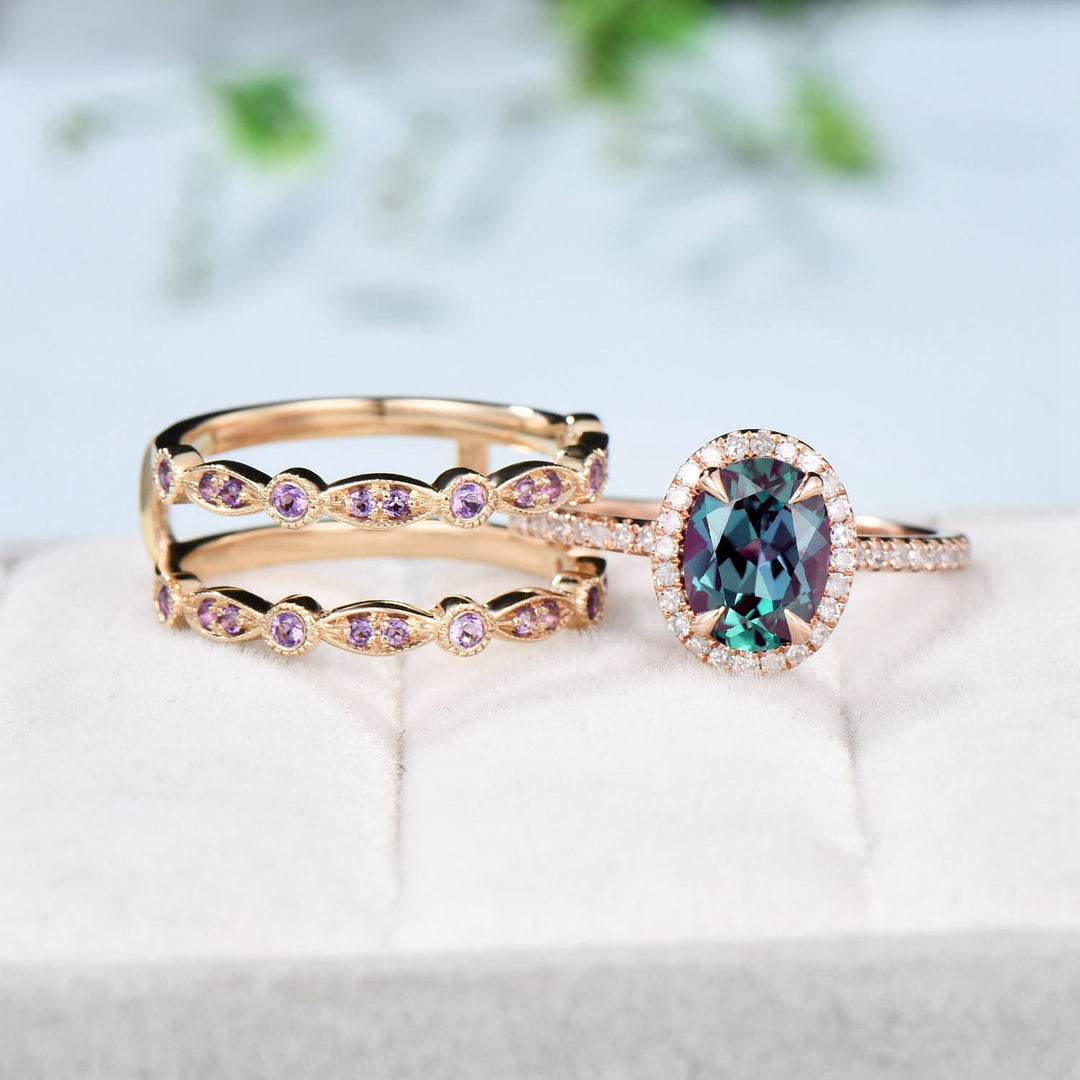 Vintage alexandrite engagement ring set Unique 14k rose gold halo diamond wedding ring set antique amethyst double stacking band bridal set - PENFINE