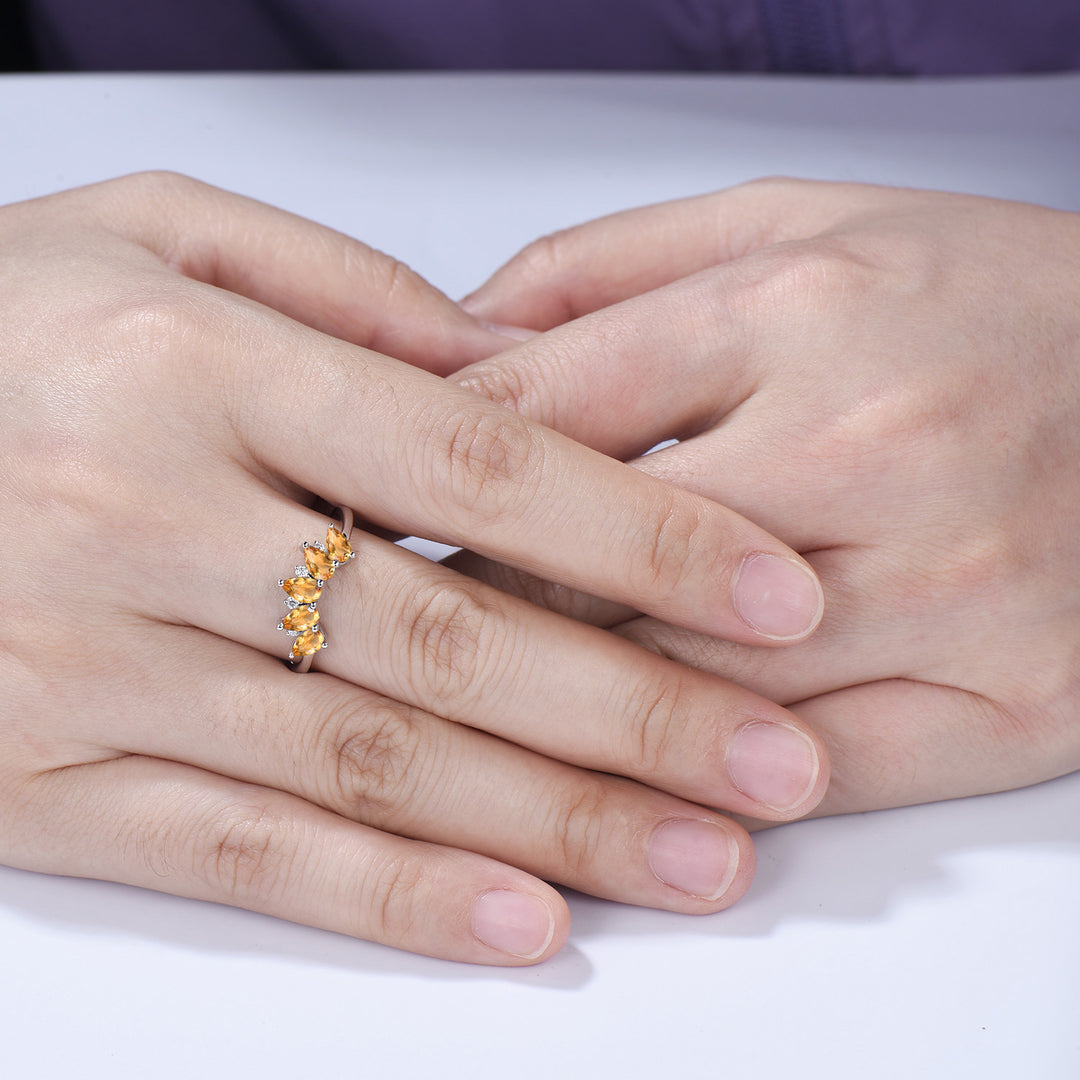 Vintage Yellow Citrine Wedding Ring, Five Stone Curved Stacking Band, 14K Rose Gold Anniversary Gift Women November Birthday Gift for Mom