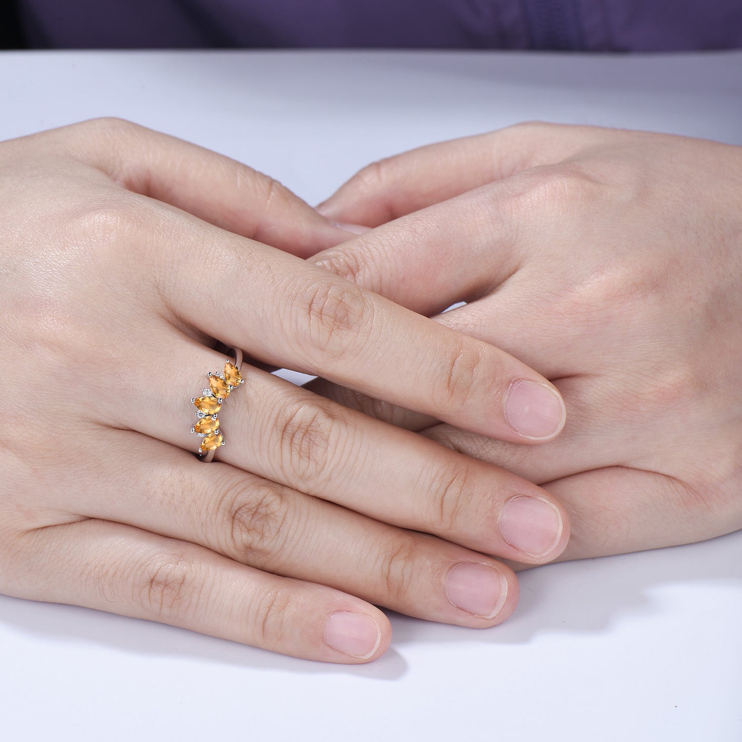 Vintage Yellow Citrine Wedding Ring, Five Stone Curved Stacking Band, 14K Rose Gold Anniversary Gift Women November Birthday Gift for Mom