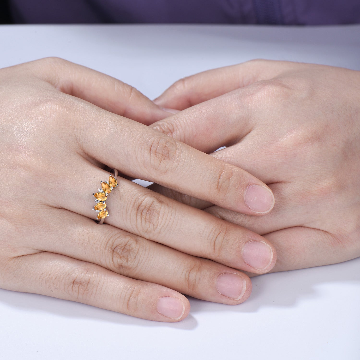 Vintage Yellow Citrine Wedding Ring, Five Stone Curved Stacking Band, 14K Rose Gold Anniversary Gift Women November Birthday Gift for Mom
