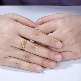 Vintage Yellow Citrine Wedding Ring, Five Stone Curved Stacking Band, 14K Rose Gold Anniversary Gift Women November Birthday Gift for Mom