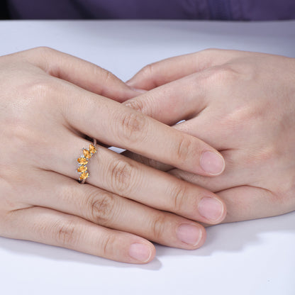Vintage Yellow Citrine Wedding Ring, Five Stone Curved Stacking Band, 14K Rose Gold Anniversary Gift Women November Birthday Gift for Mom