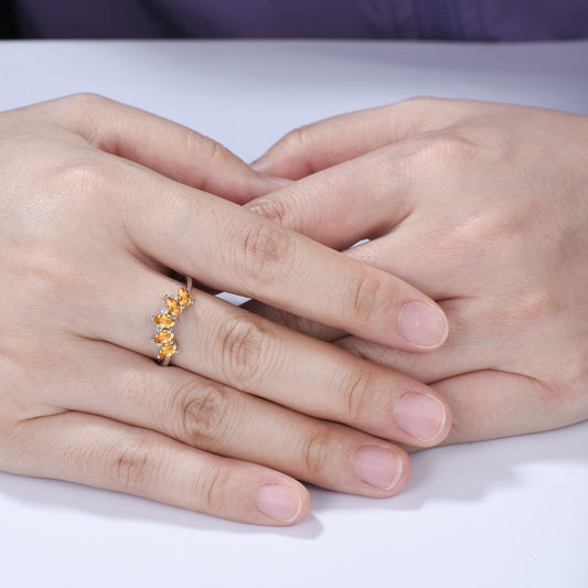 Vintage Yellow Citrine Wedding Ring, Five Stone Curved Stacking Band, 14K Rose Gold Anniversary Gift Women November Birthday Gift for Mom