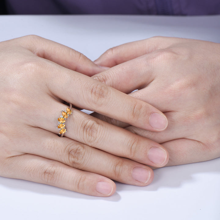 Vintage Yellow Citrine Wedding Ring, Five Stone Curved Stacking Band, 14K Rose Gold Anniversary Gift Women November Birthday Gift for Mom