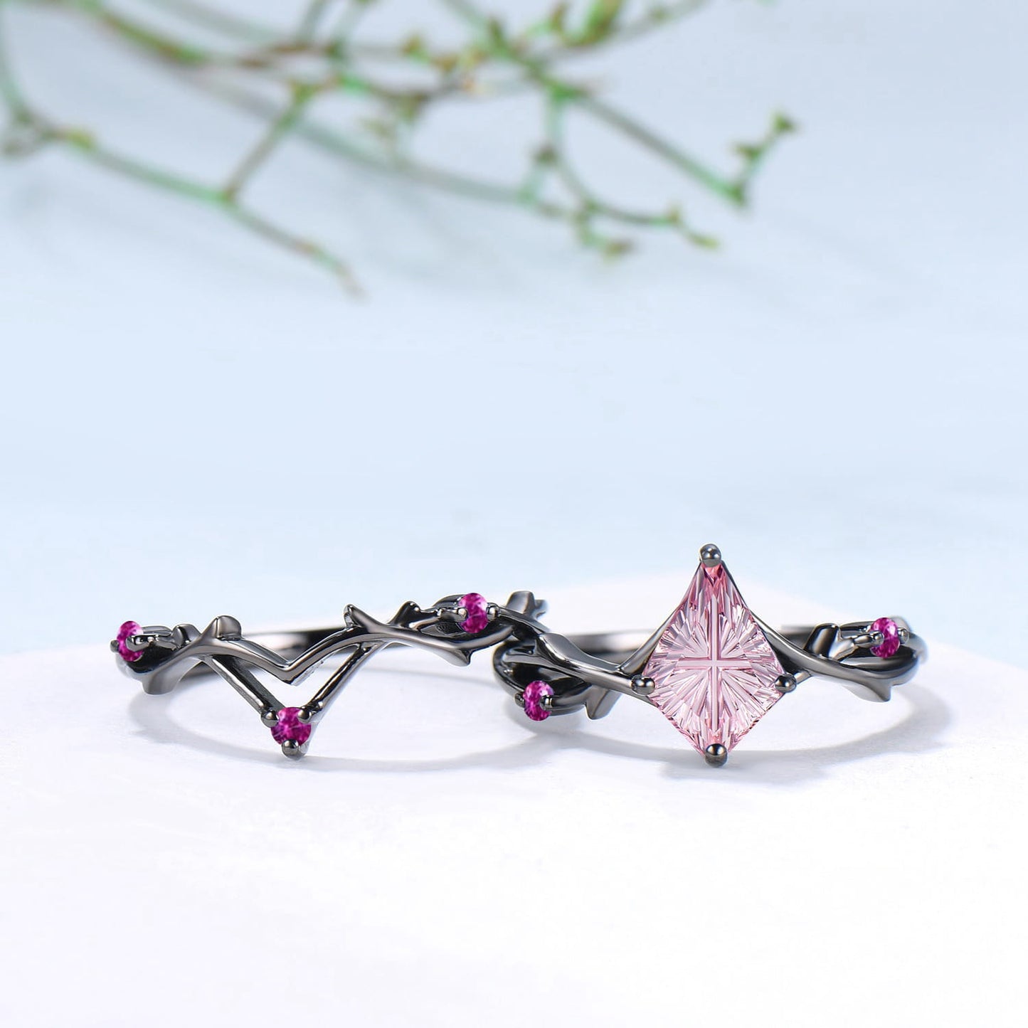 Art Deco Kite Starburst Cut Padparadscha Engagement Ring Set, Black Gold Cluster Pink Touramaline Bridal Wedding Set Branch Leaf Vine Jewelry