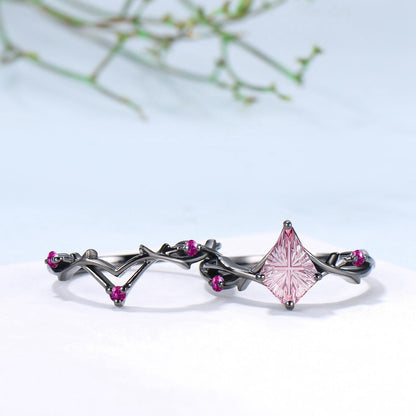 Art Deco Kite Starburst Cut Padparadscha Engagement Ring Set, Black Gold Cluster Pink Touramaline Bridal Wedding Set Branch Leaf Vine Jewelry