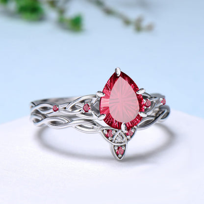 Fantasy Cut Pear Shaped Ruby Norse Viking Engagement Ring Set