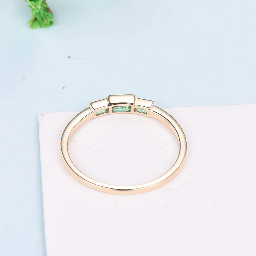 Bezel Set Baguette Emerald Wedding Ring Three Stone Green Gemstone Promise Ring Minimalist Stacking Dainty Ring Birthstone Anniversary Gift - PENFINE