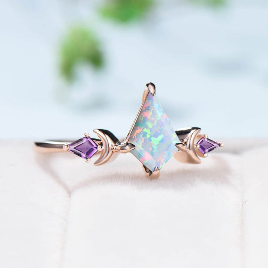 Unique moon opal and amethyst ring Vintage fire kite opal engagement ring rose gold art deco kite cut cute amethyst wedding ring for women - PENFINE