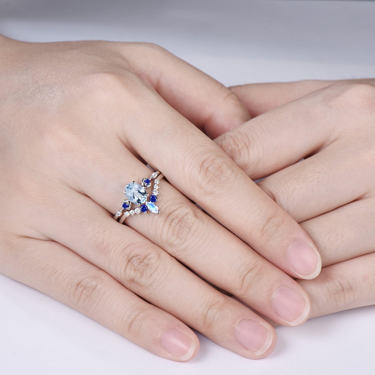 Oval Cut Natural Aquamarine Moon Celestial Ring Set Sapphire Moonstone White Gold Matching Band
