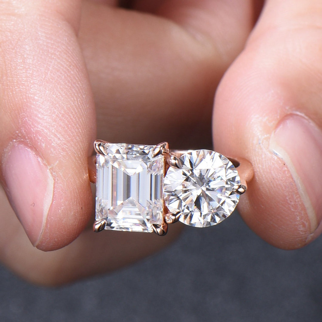 Two stone moissanite engagement ring 14k rose gold emerald round moisaanite plain rose gold wedding ring minimalist anniversary bridal gifts - PENFINE