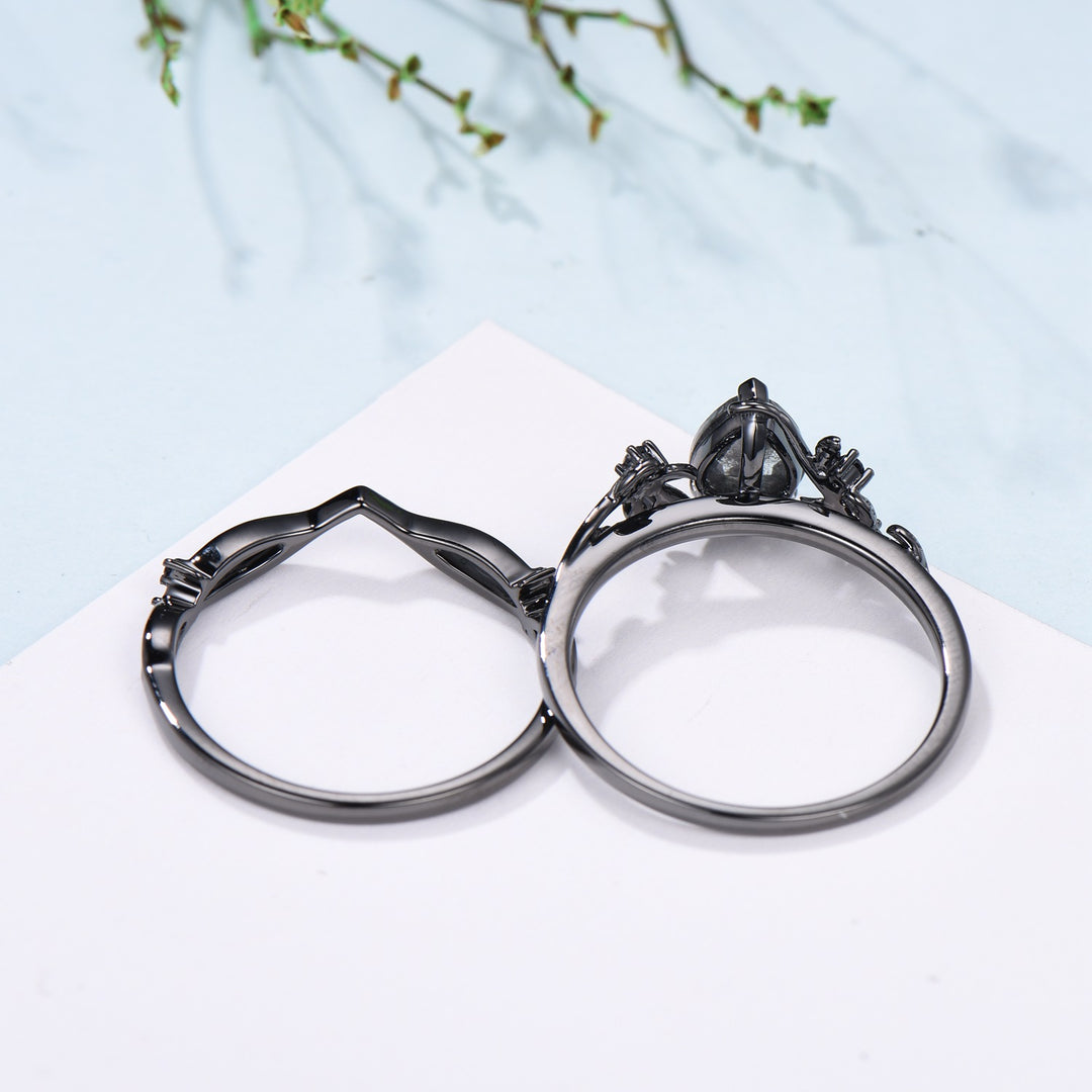 Elegant Black Gold salt pepper diamond engagement ring natural inspired pear shaped twig vine pepper diamond unique leaf vine bridal set - PENFINE