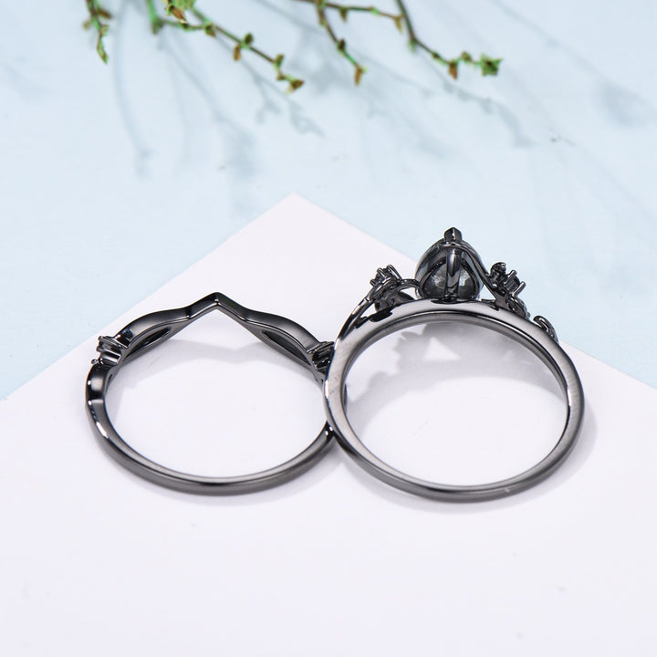 Elegant Black Gold salt pepper diamond engagement ring natural inspired pear shaped twig vine pepper diamond unique leaf vine bridal set - PENFINE